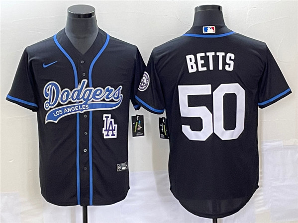 Men's Los Angeles Dodgers #50 Mookie Betts Black With Patch Cool Base Stitched Baseball Jersey